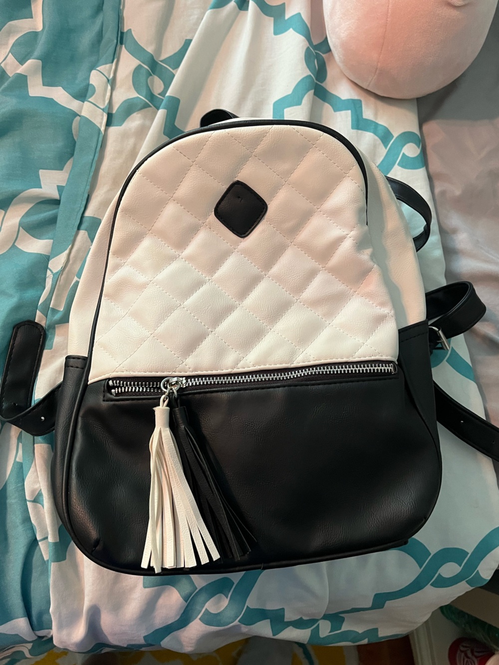 Claire's Black and White Quilted Backpack with Tassel